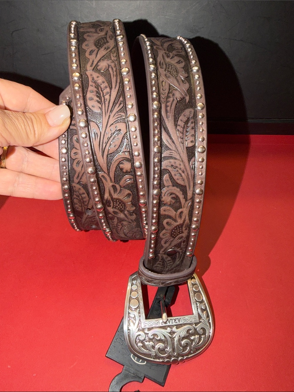 Ariat Women’s Brown Leather Studded Belt with Ornate Silver Buckle